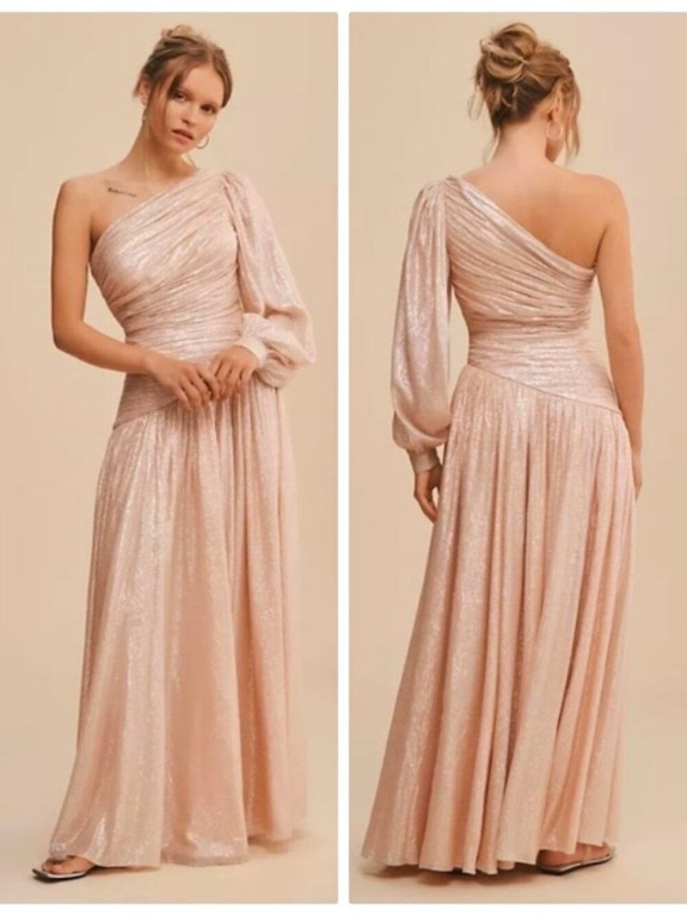 BHLDN Jade Metallic One-Shoulder Asymmetrical-Waist Gown In Light pink Size US6